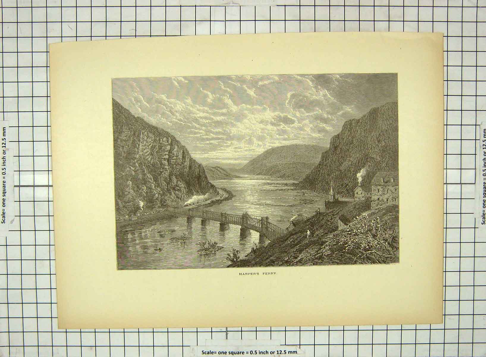 Original Old Antique Print C1880 View Harpers Ferry River Bridge Mountains 19th
