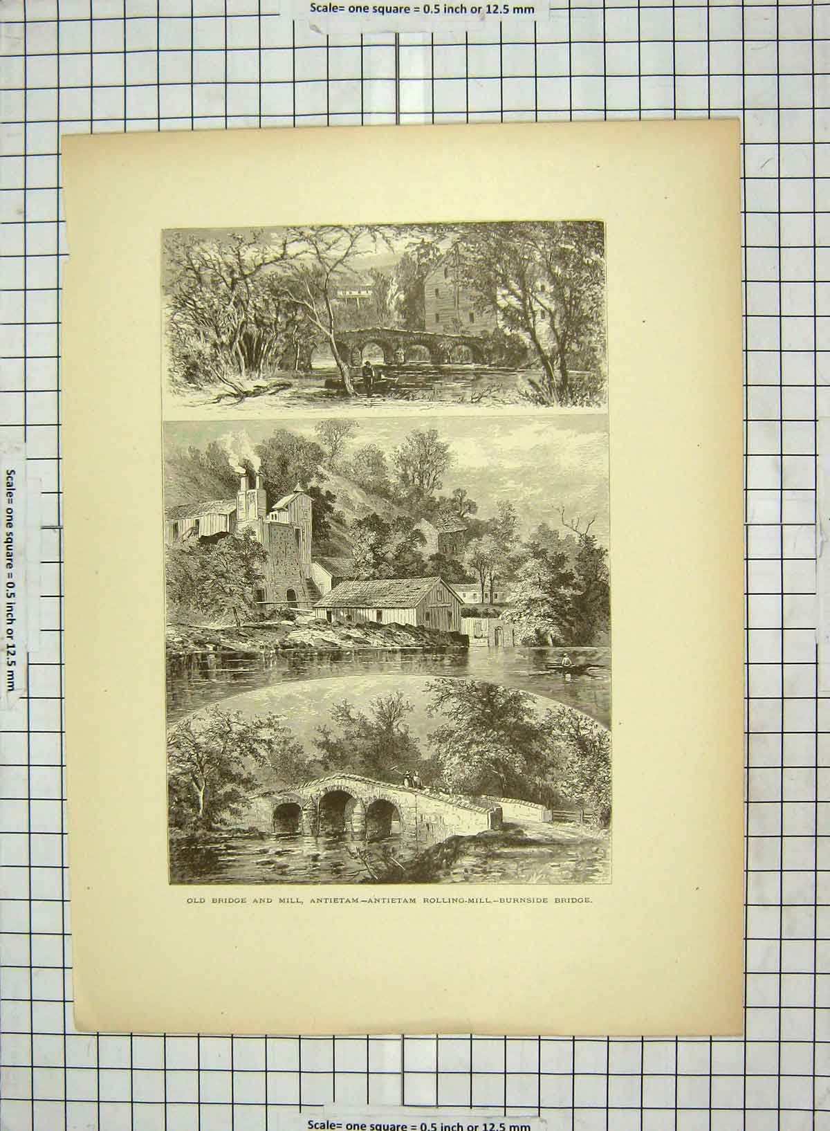 Original Old Antique Print C1880 Bridge Antietam Rolling Mill Burnside Bridge