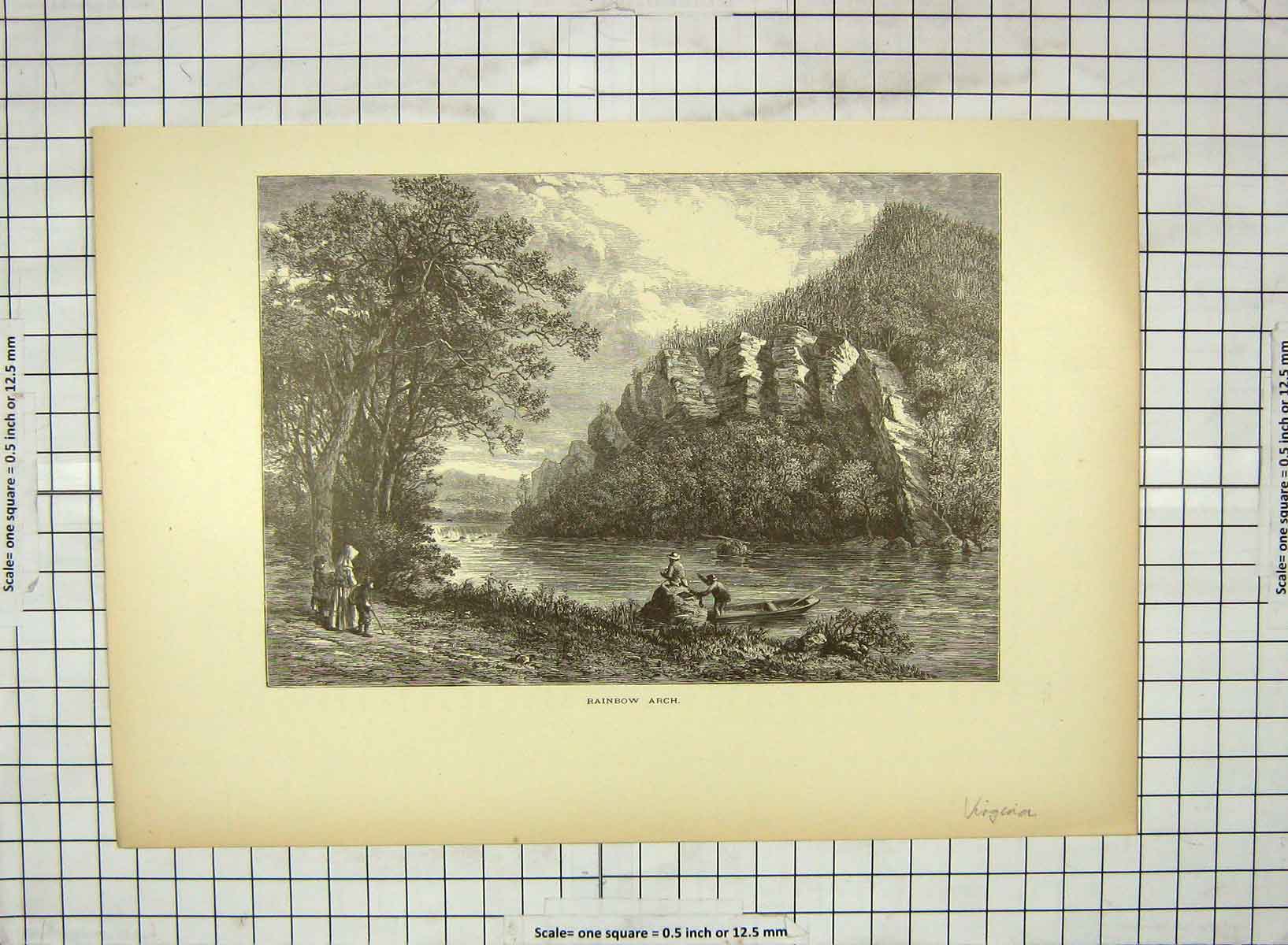 Original Old Antique Print C1880 Rainbow Arch Cliffs Trees River America 19th