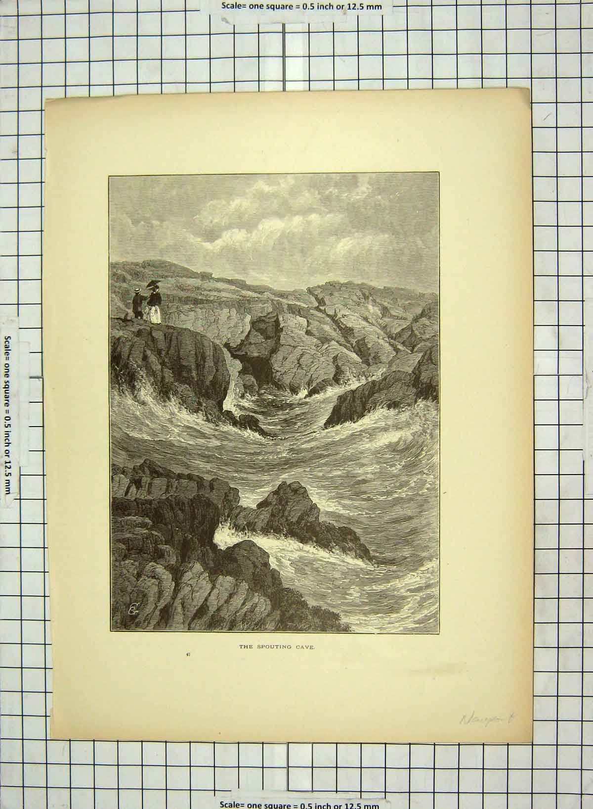 Original Old Antique Print C1880 Spouting Cave Newport Cliffs Sea Victorian