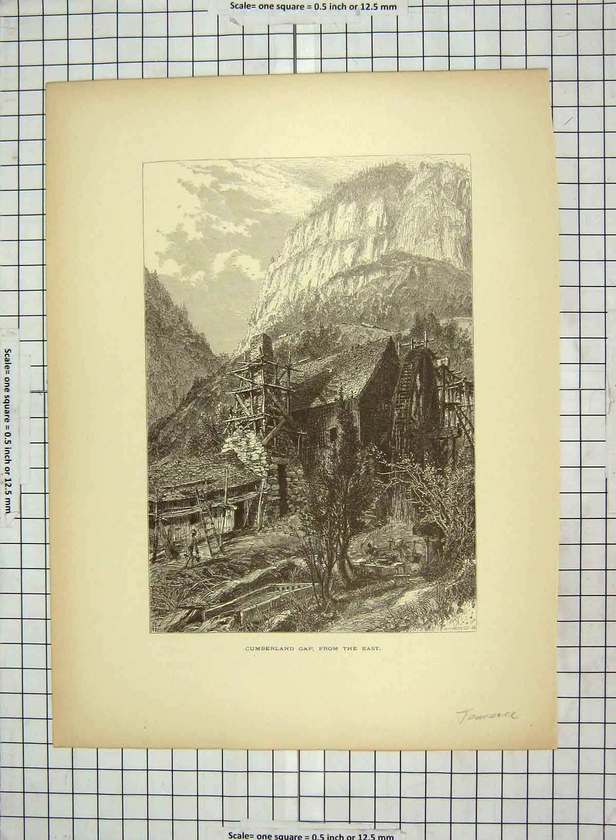 Original Old Antique Print C1880 Cumberland Gap Mountains House Building 19th