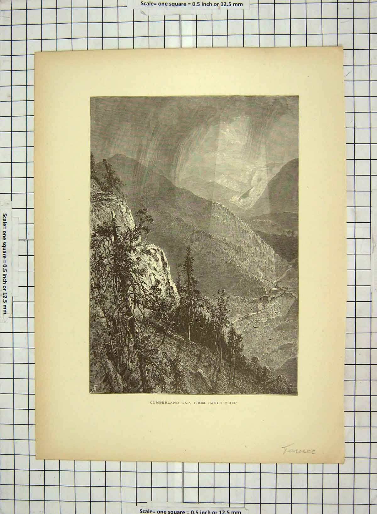 Original Old Antique Print C1880 Cumberland Gap Eagle Cliff Tenessee America