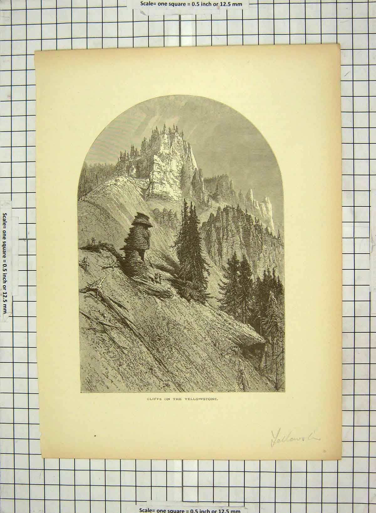 Original Old Antique Print C1880 Cliffs Yellowstone Park Mountains America 19th