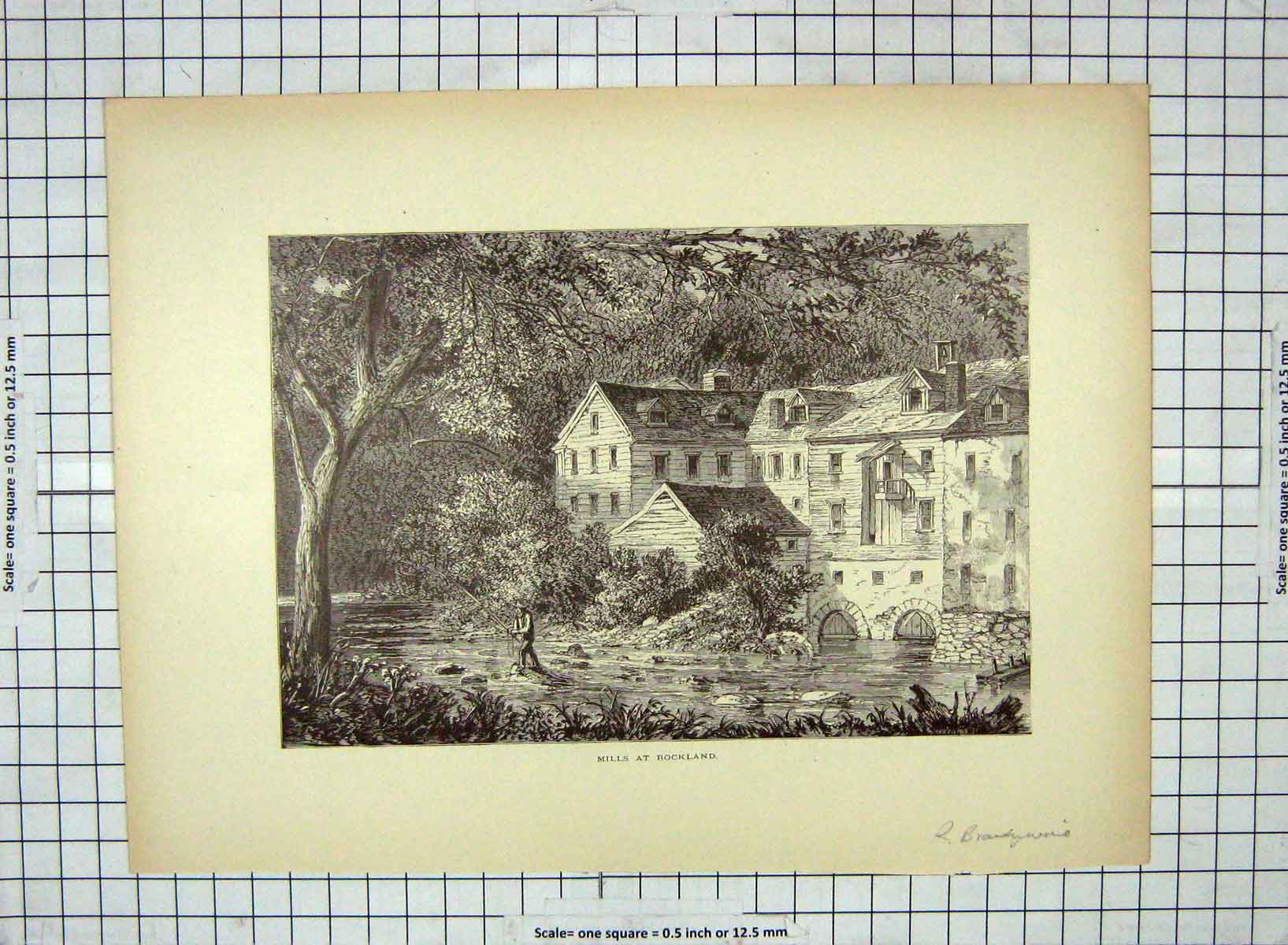 Original Old Antique Print C1880 Mills Rockland River Fishing America Victorian