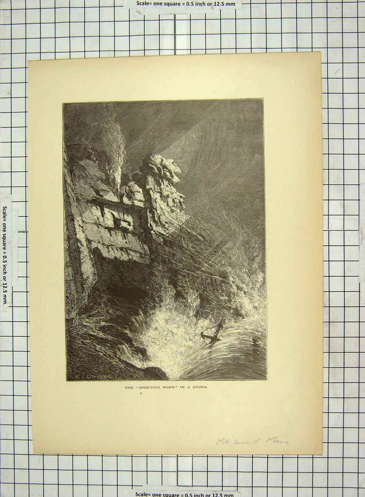 Original Old Antique Print C1880 Spouting Horn Storm Desert 19th