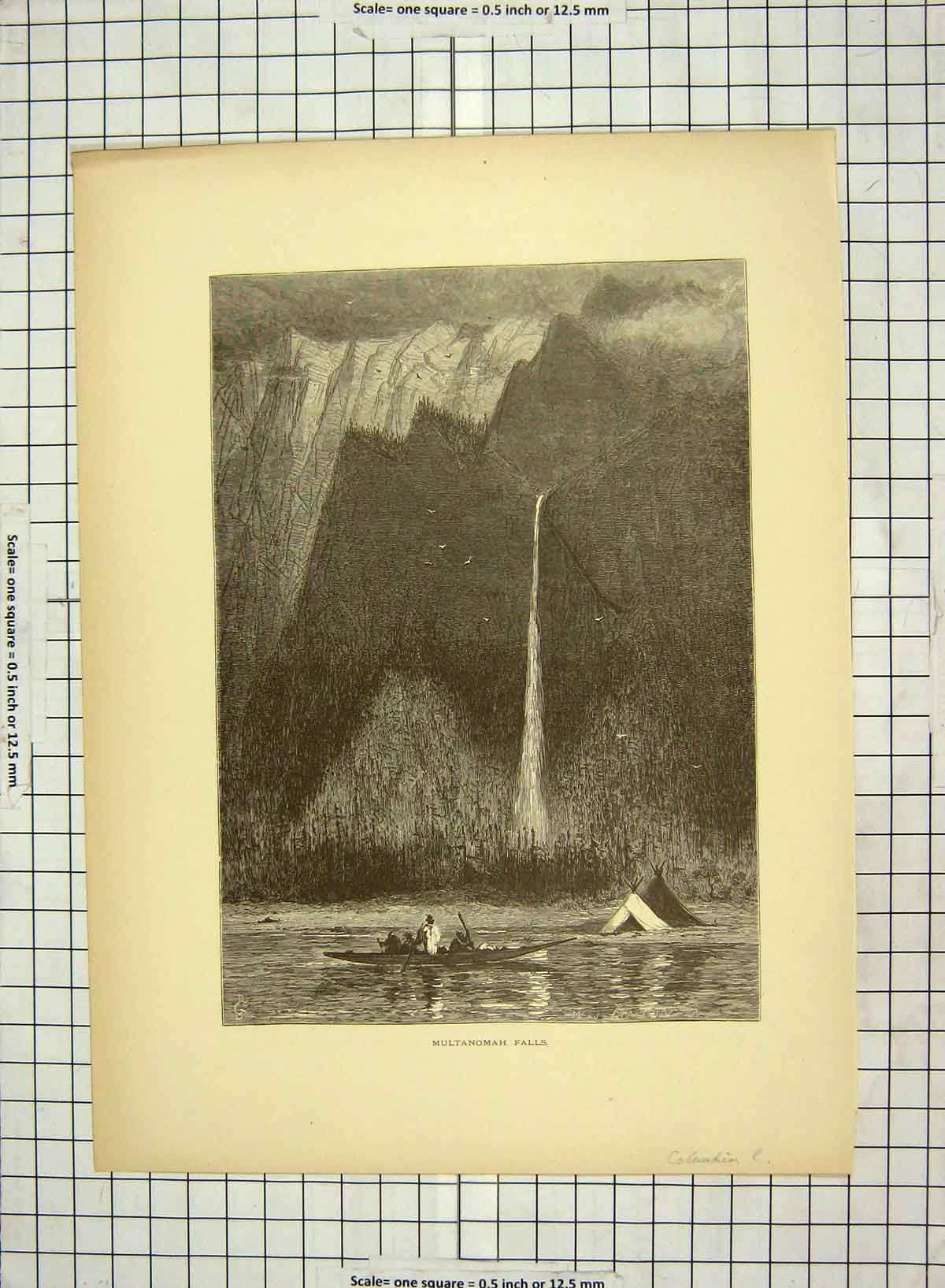Old Antique Print C1880 Multanomah Falls Mountains River Columbia America 19th