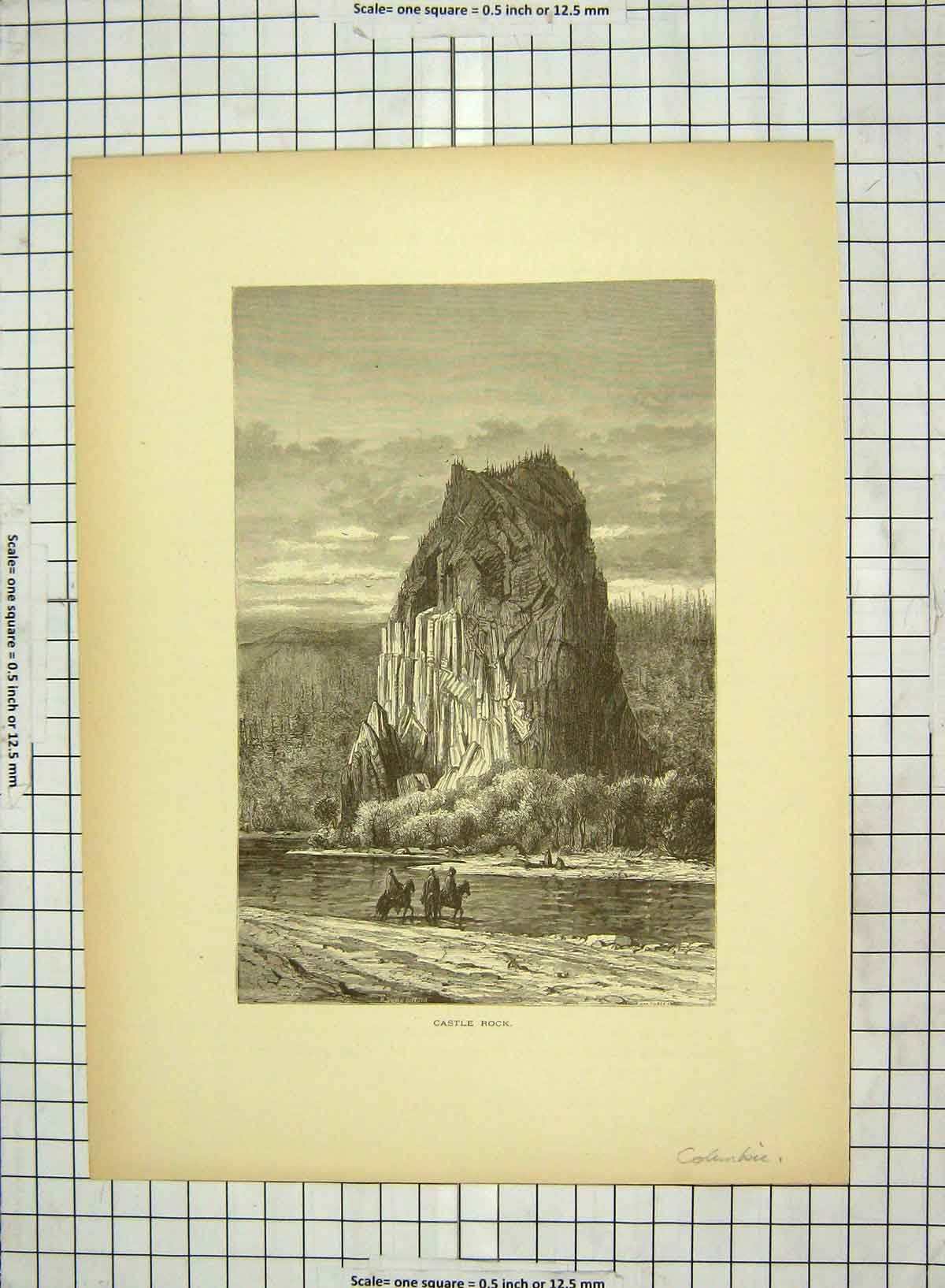 Original Old Antique Print C1880 Castle Rock Columbia America Men Horses 19th