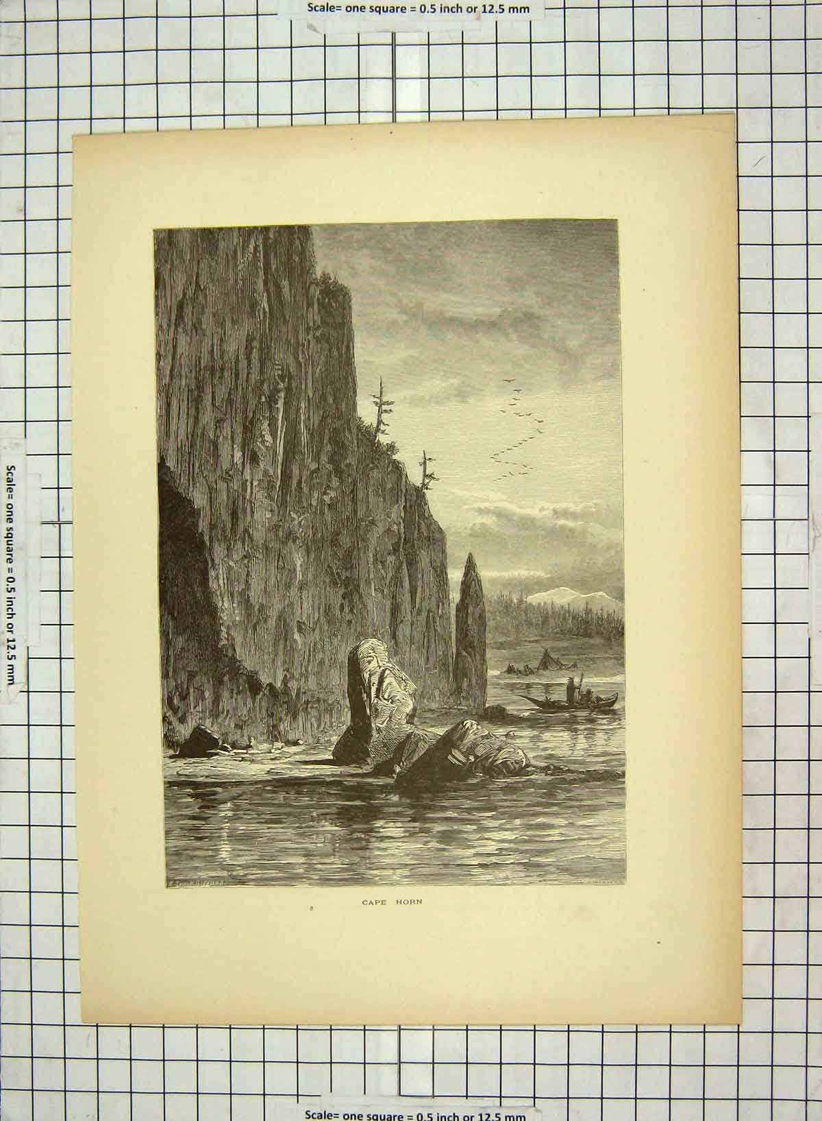 Original Old Antique Print C1880 Cape Horn America Cliffs River Boats Victorian