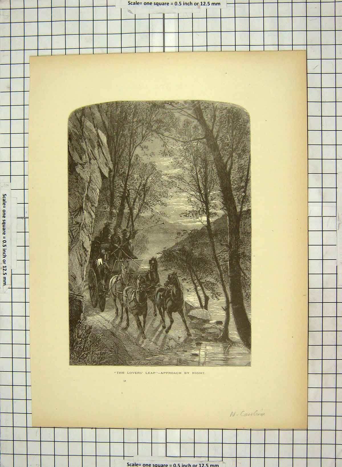 Original Old Antique Print C1880 Lover'S Leap Horses Carriage Carolina America