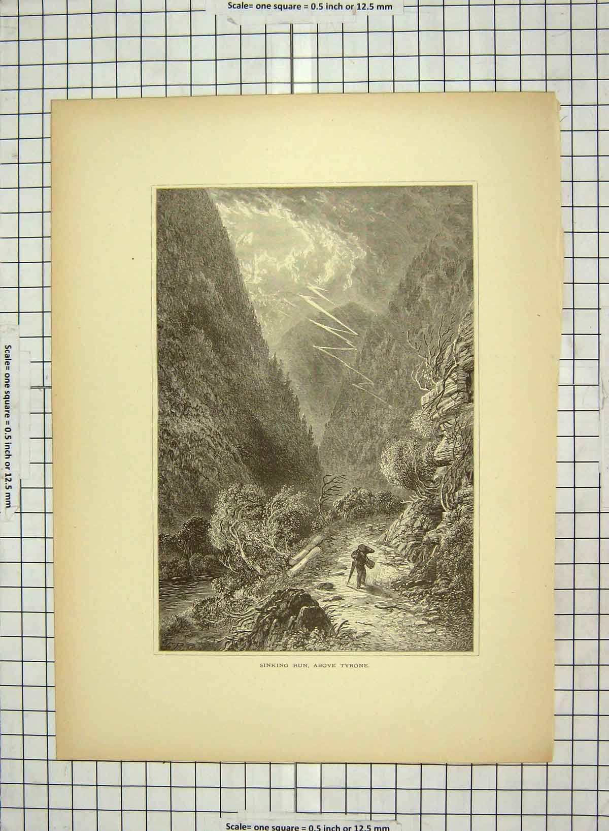 Original Old Antique Print C1880 Sinking Run Above Tyrone Mountains America