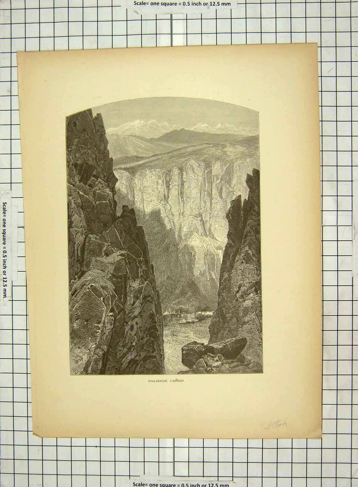 Original Old Antique Print C1880 Palisade Canon Mountains America Victorian
