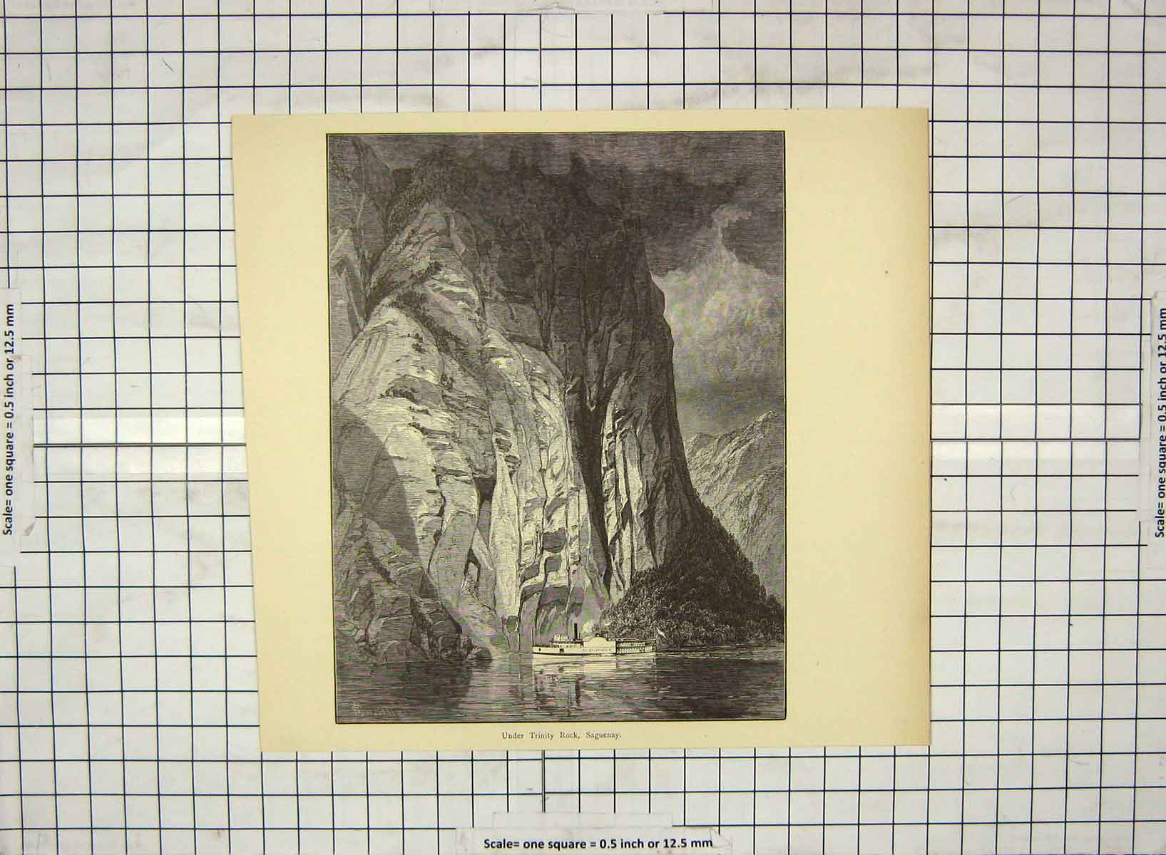 Original Old Antique Print C1880 View Inder Trinity Rock Saguenay Cliffs Boat