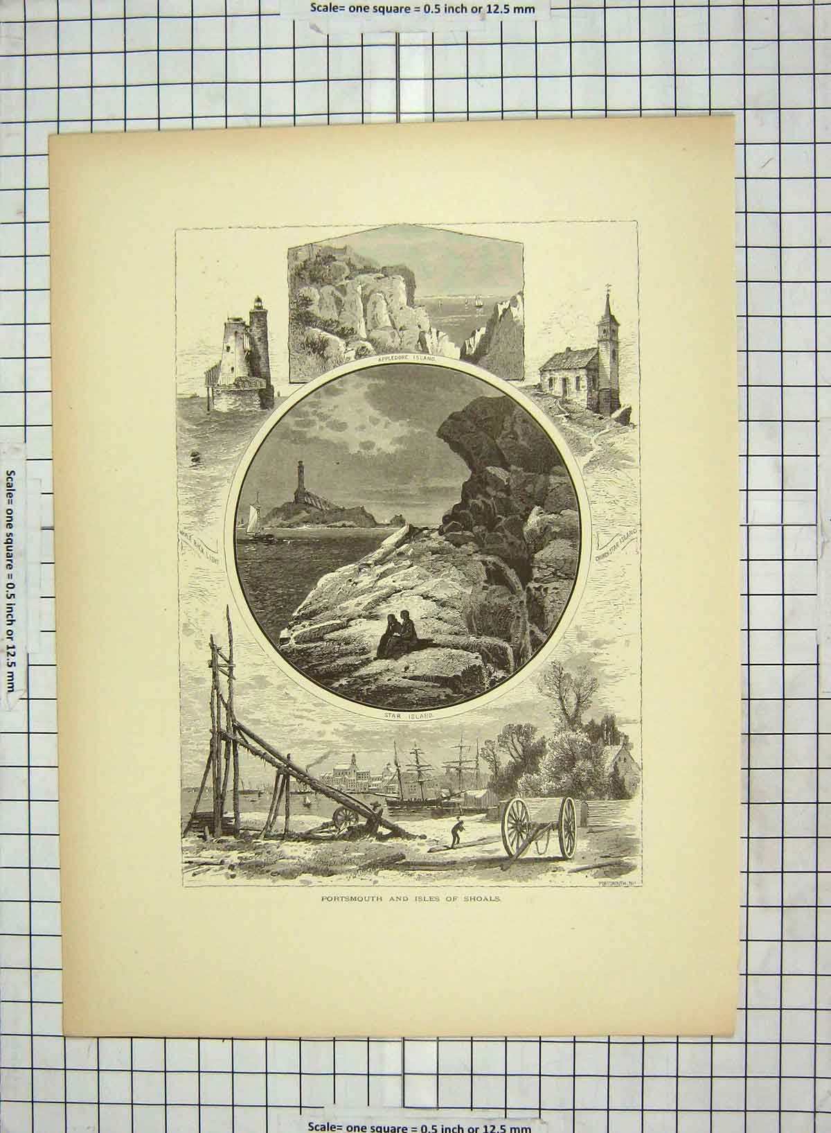 Original Old Antique Print C1880 Portsmouth Isles Shoals Star Island Churchstar