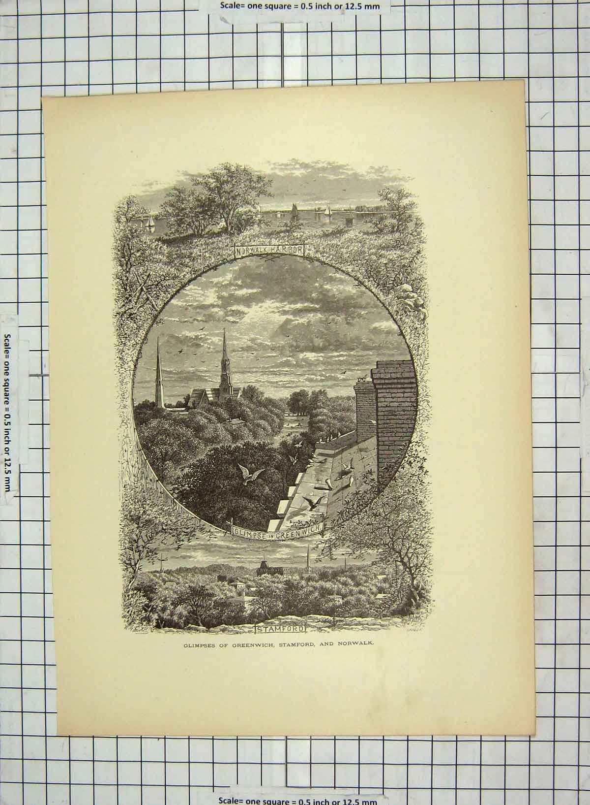 Original Old Antique Print C1880 Greenwich Stamford Norwalk Harour Yachts 19th