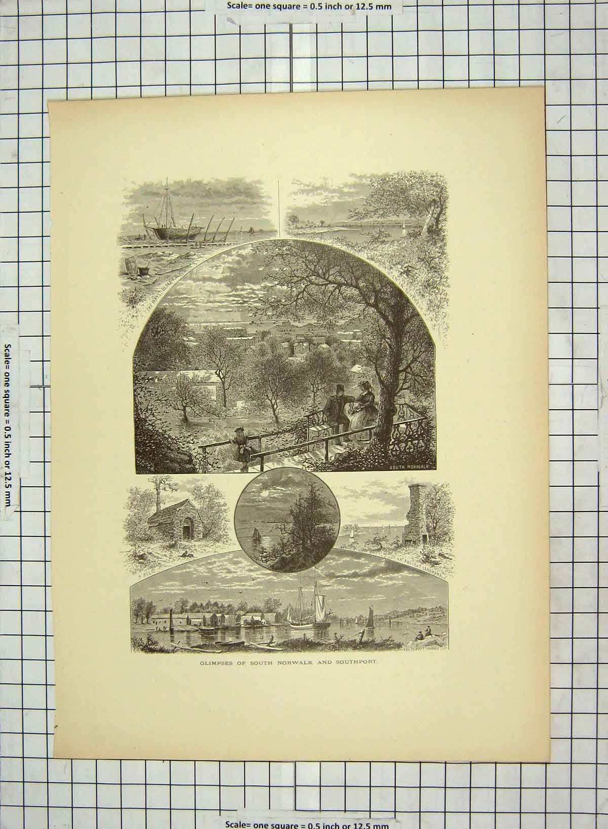 Original Old Antique Print C1880 South Norwalk Southport Blackrock Ships 19th