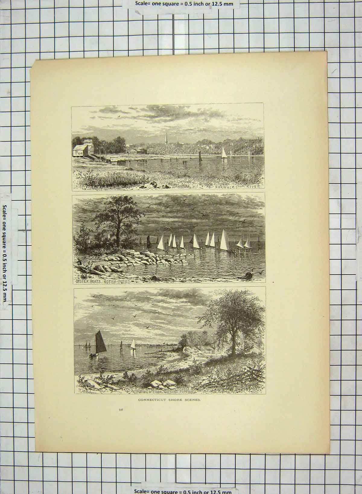 Original Old Antique Print C1880 Connecticut Shore Oyster Boats Norwalk Wilson