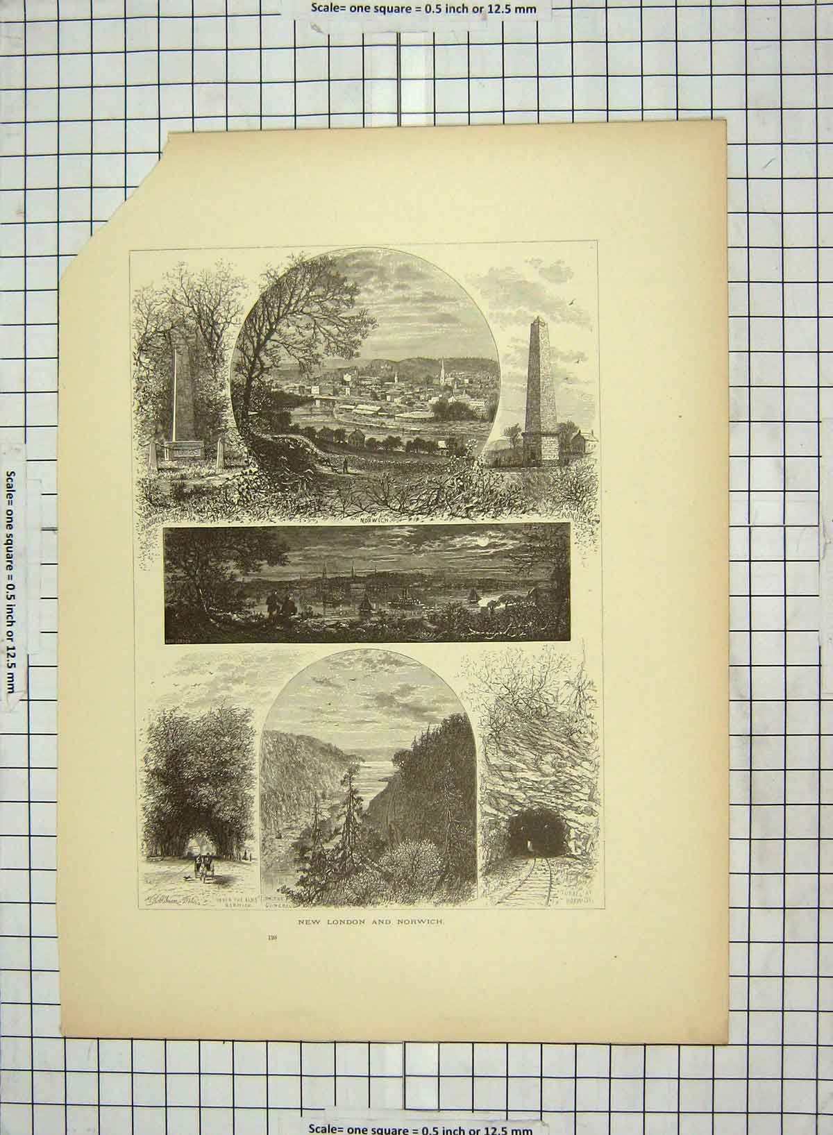 Original Old Antique Print C1880 New London Norwich Elm Trees Train Tunnel 19th