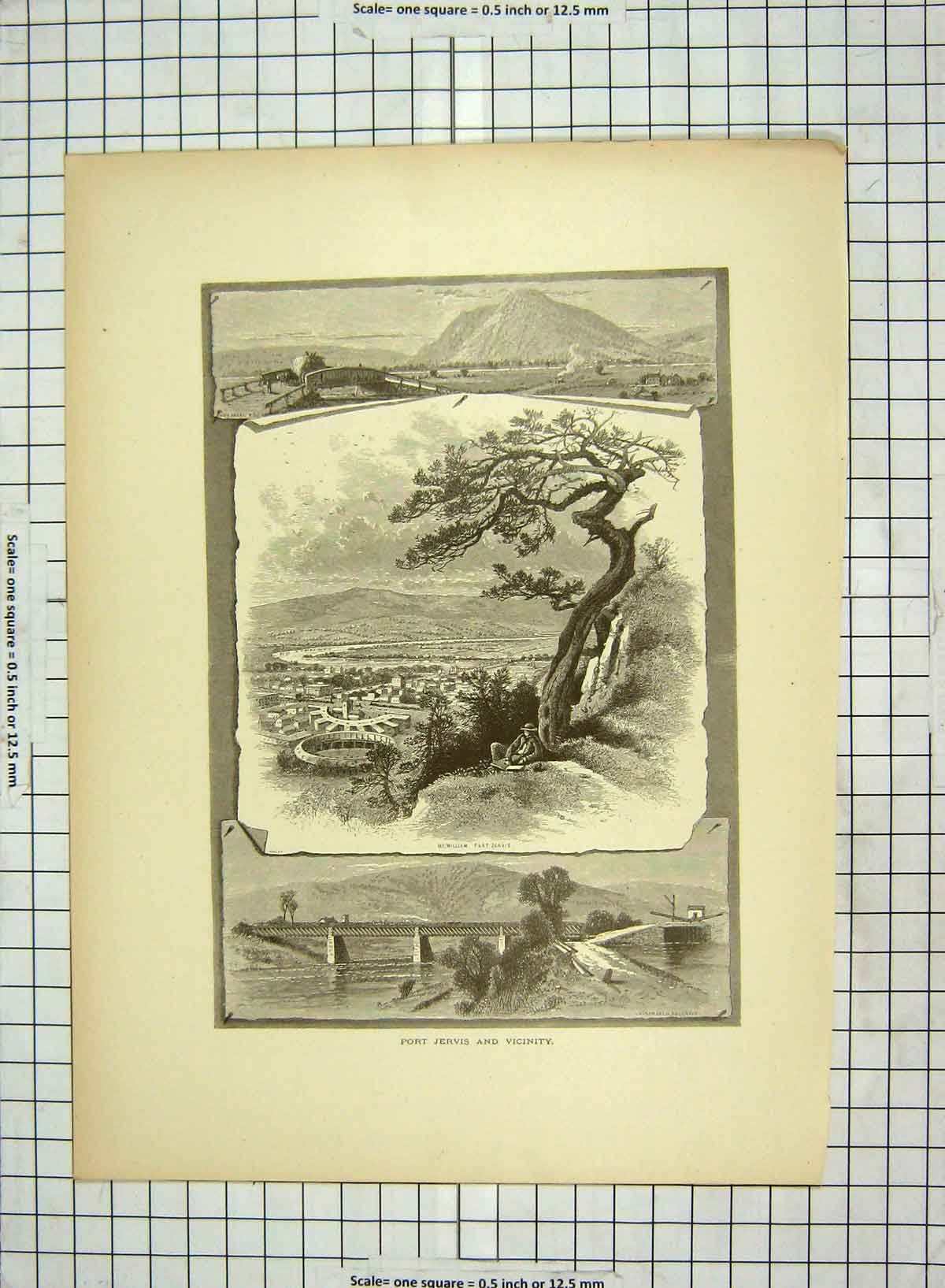 Old Antique Print C1880 Port Jervis Mount William Mountains Bridge River 19th