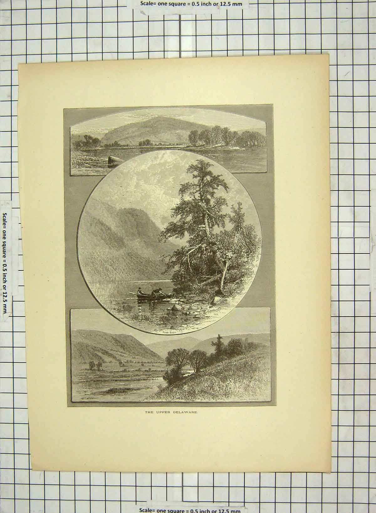 Original Old Antique Print C1880 Upper Delaware Mountains Trees Boat America