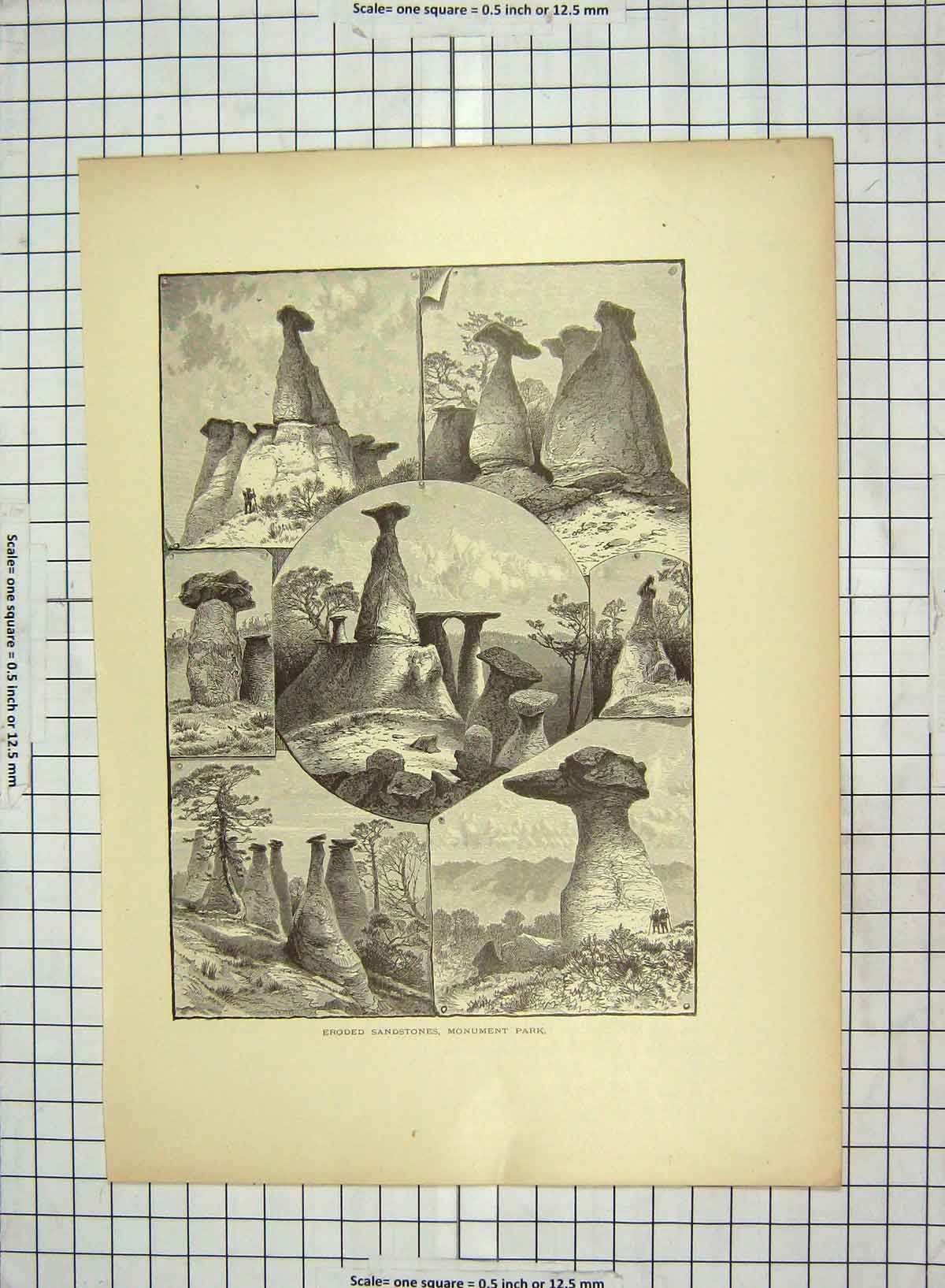 Original Old Antique Print C1880 Eroded Sandstones Monument Park America 19th