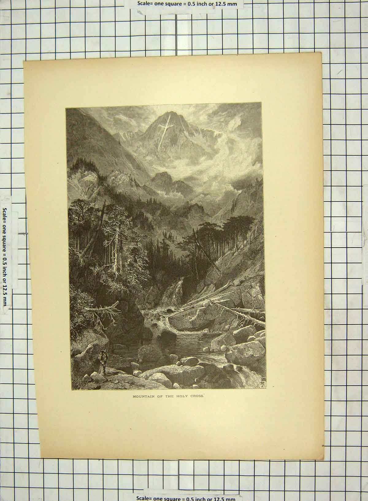 Original Old Antique Print C1880 Mountains Holy Cross Trees River America 19th