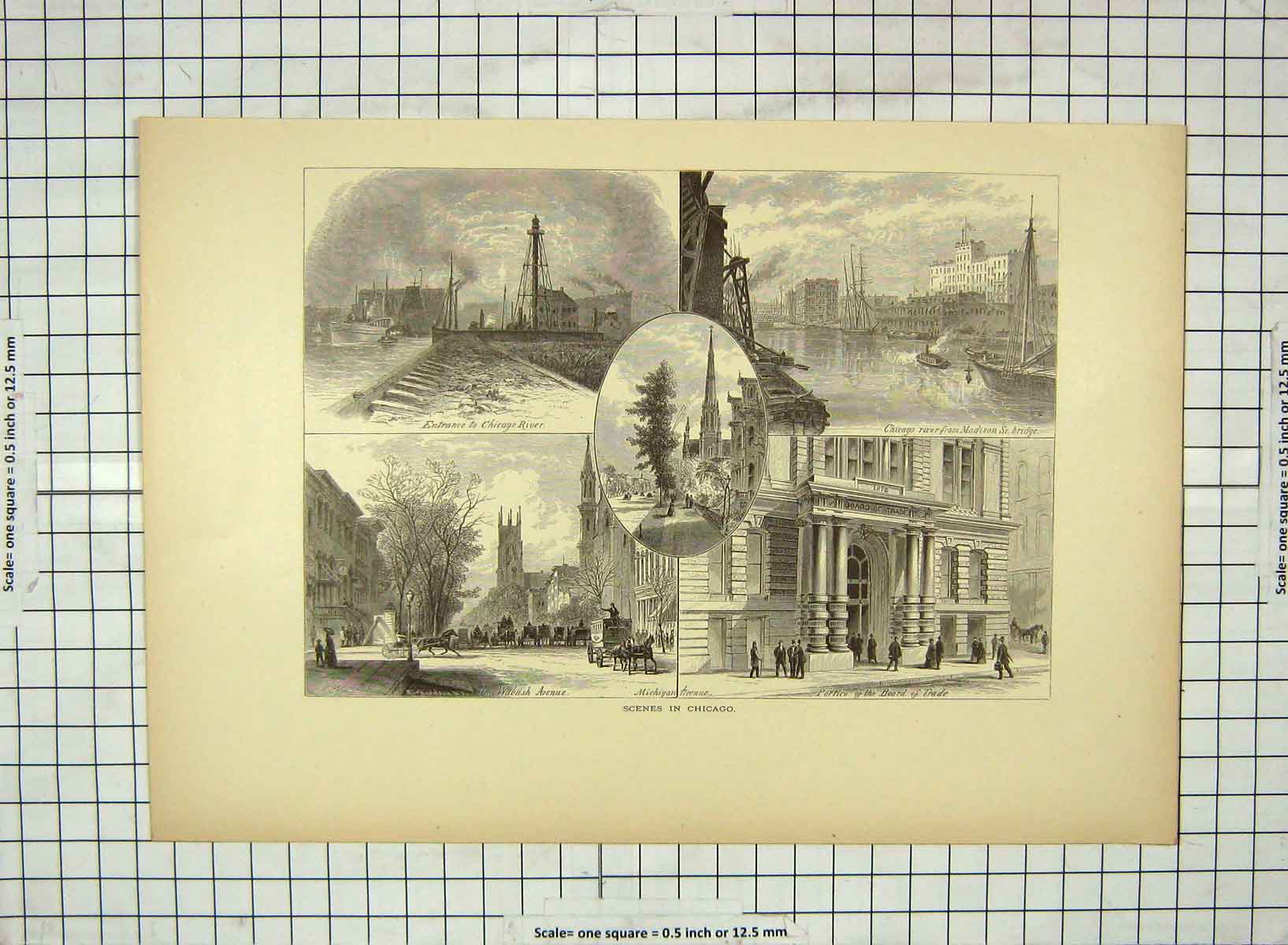 Original Old Antique Print C1880 Chicago Michigan River Wabash Avenie Madison