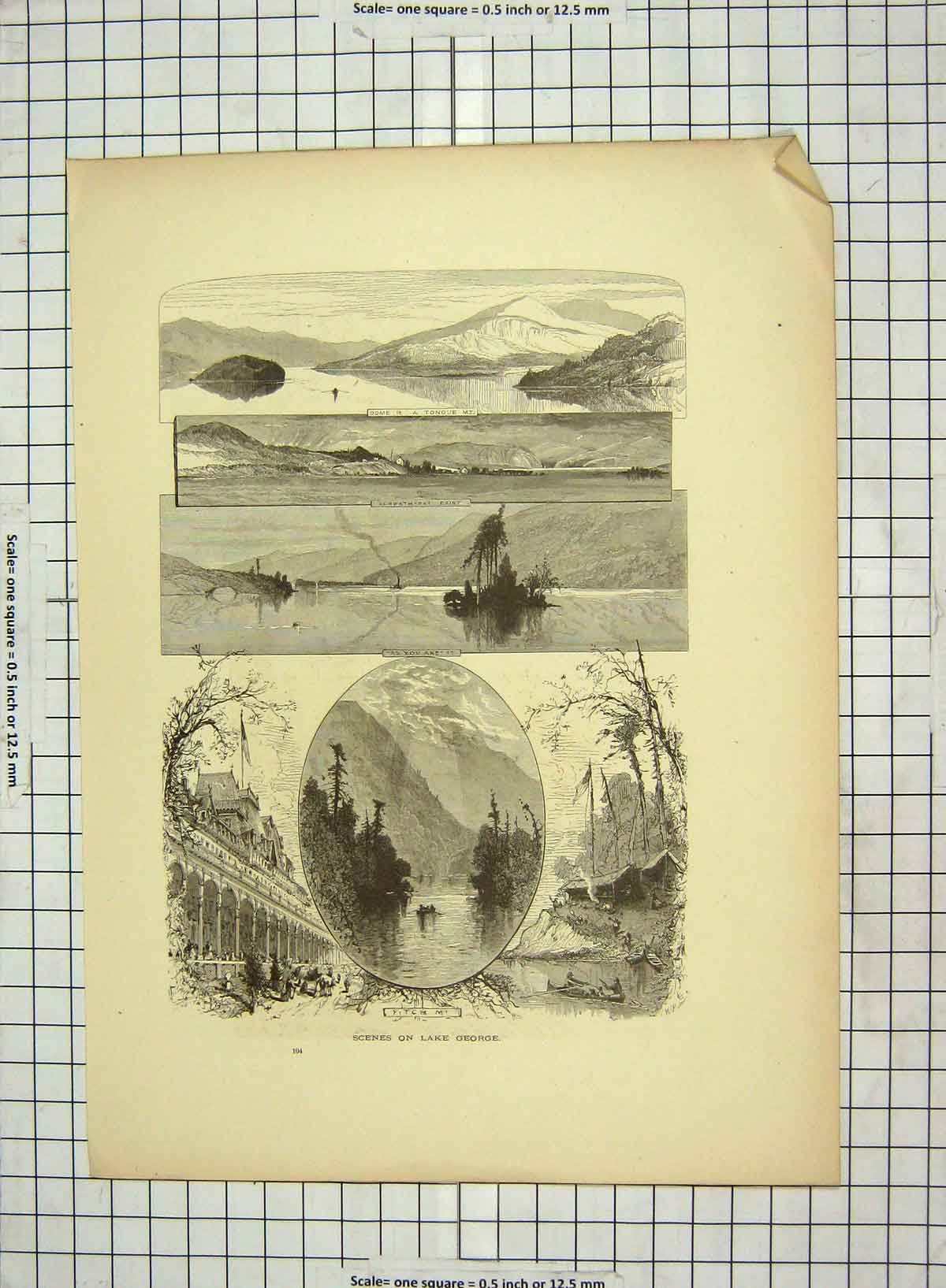 Original Old Antique Print C1880 Lake George Tongue Tea Island Sloop America