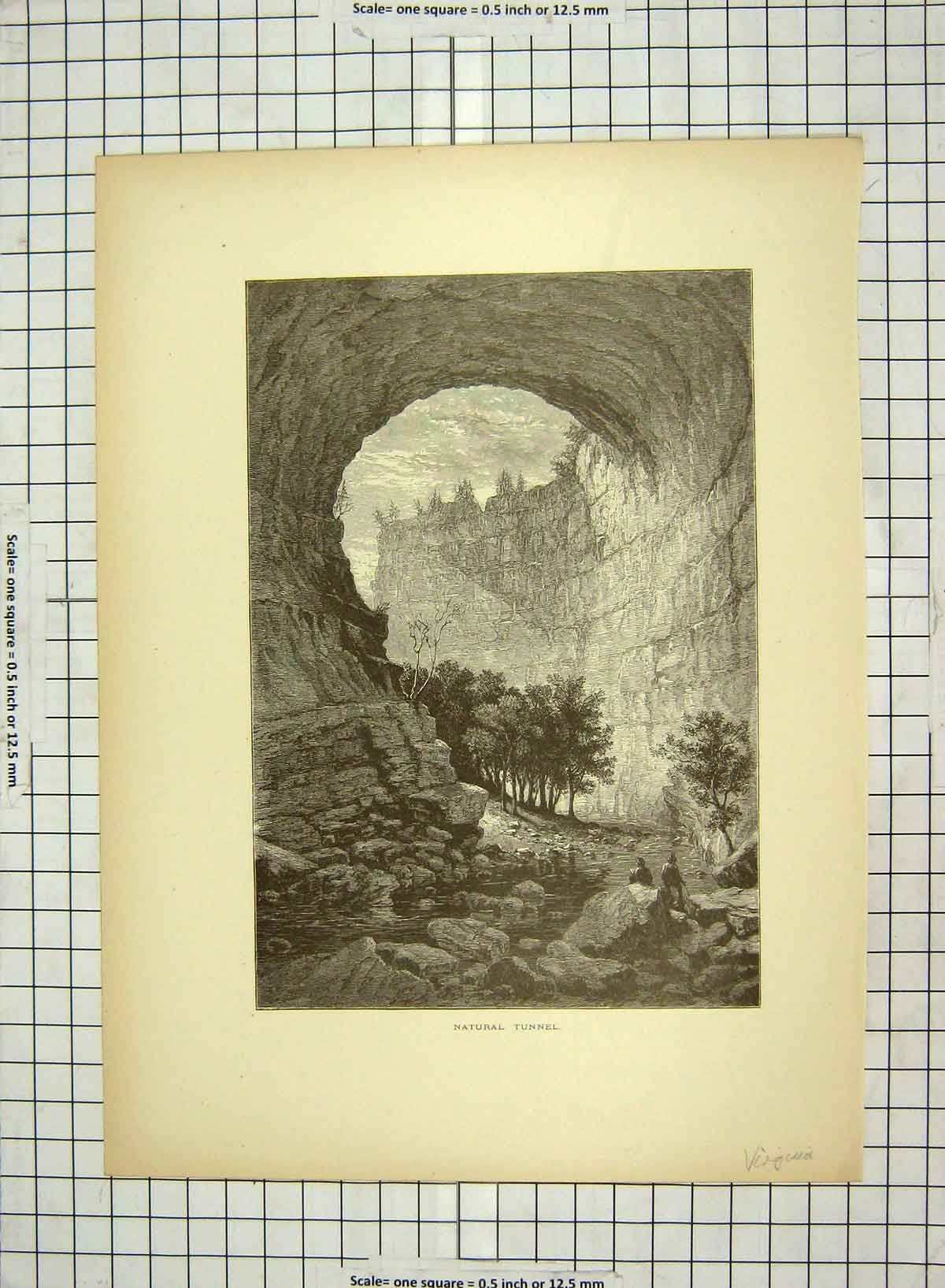 Original Old Antique Print C1880 Natural Tunnel Virginia Interior America 19th