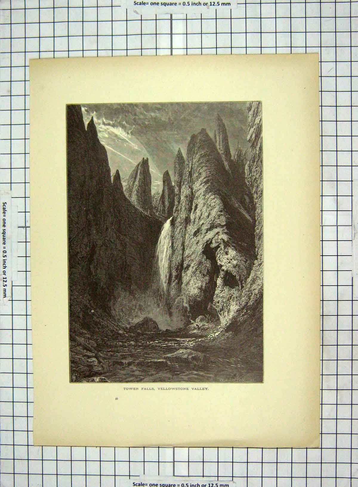 Original Old Antique Print C1880 Tower Falls Yellowstone Valley Lake America