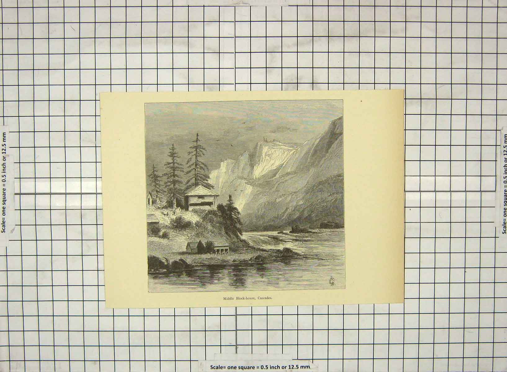 Old Antique Print C1880 Middle Block-House Cascades Mountains Red Rock 19th
