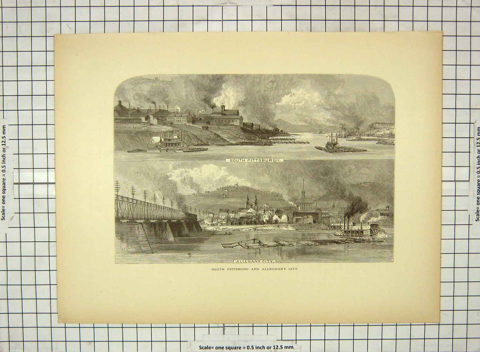 Original Old Antique Print C1880 Pittsburg Alleghany Ohio Marietta America