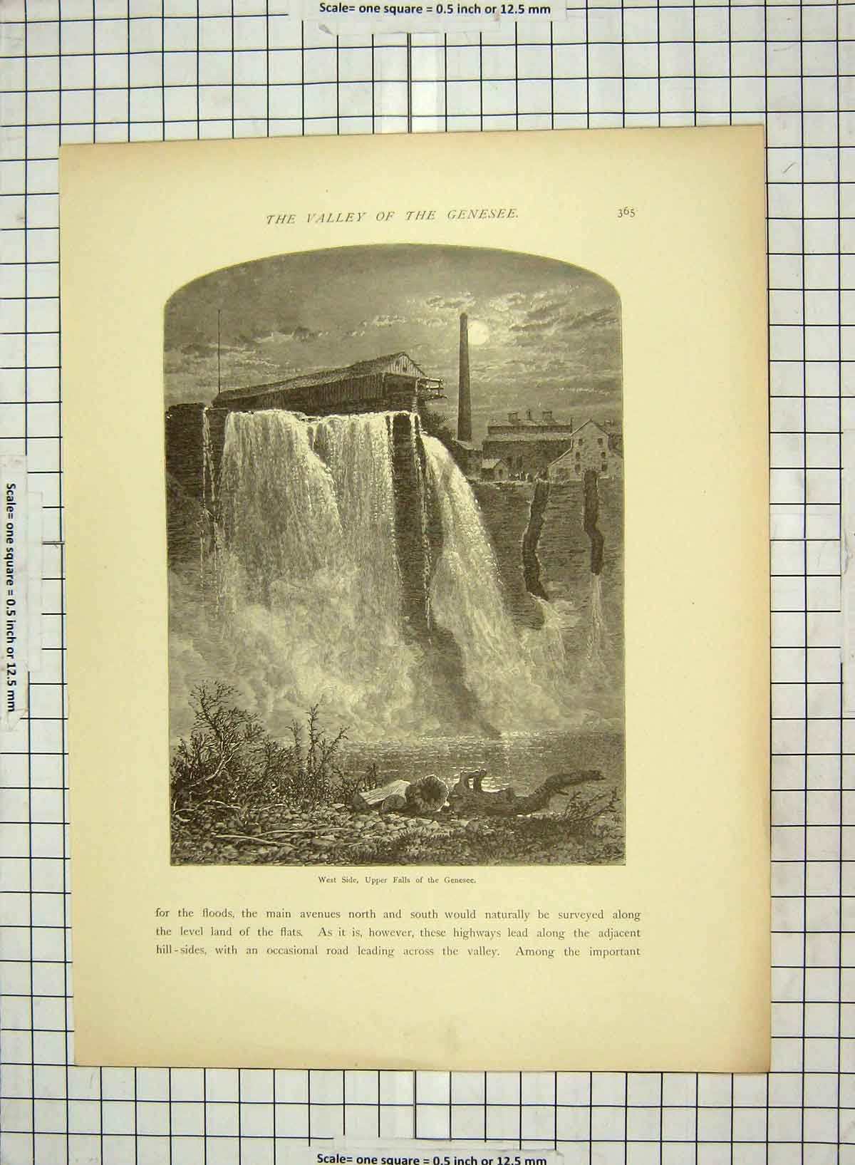 Original Old Antique Print C1880 Upper Falls Genesee Waterfalls River America
