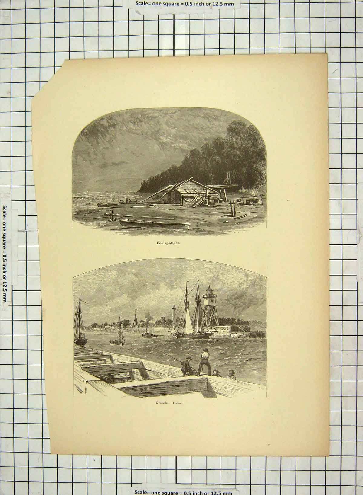 Original Old Antique Print C1880 Fishing Station Kenosha Harbor America 19th