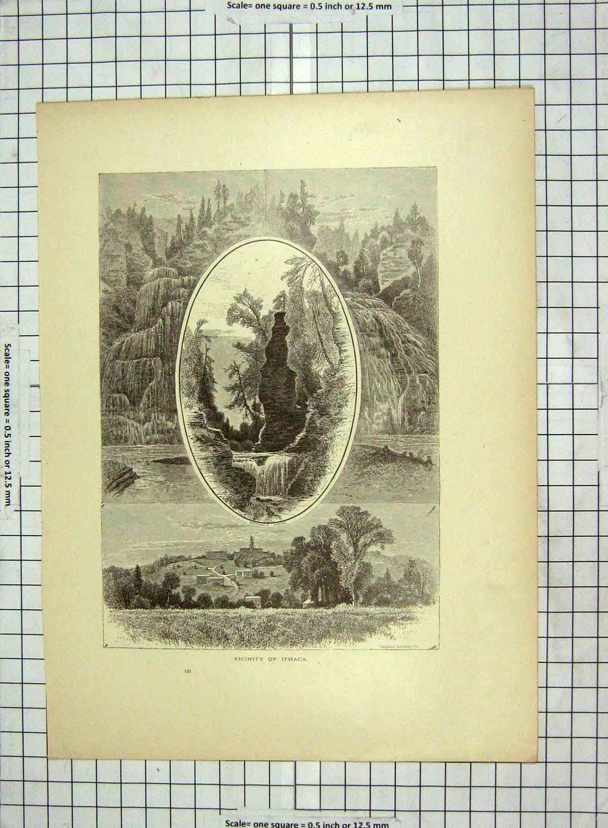 Old Antique Print C1880 Ithaca Buttermilk Ravine River Tower Rock Gods 19th
