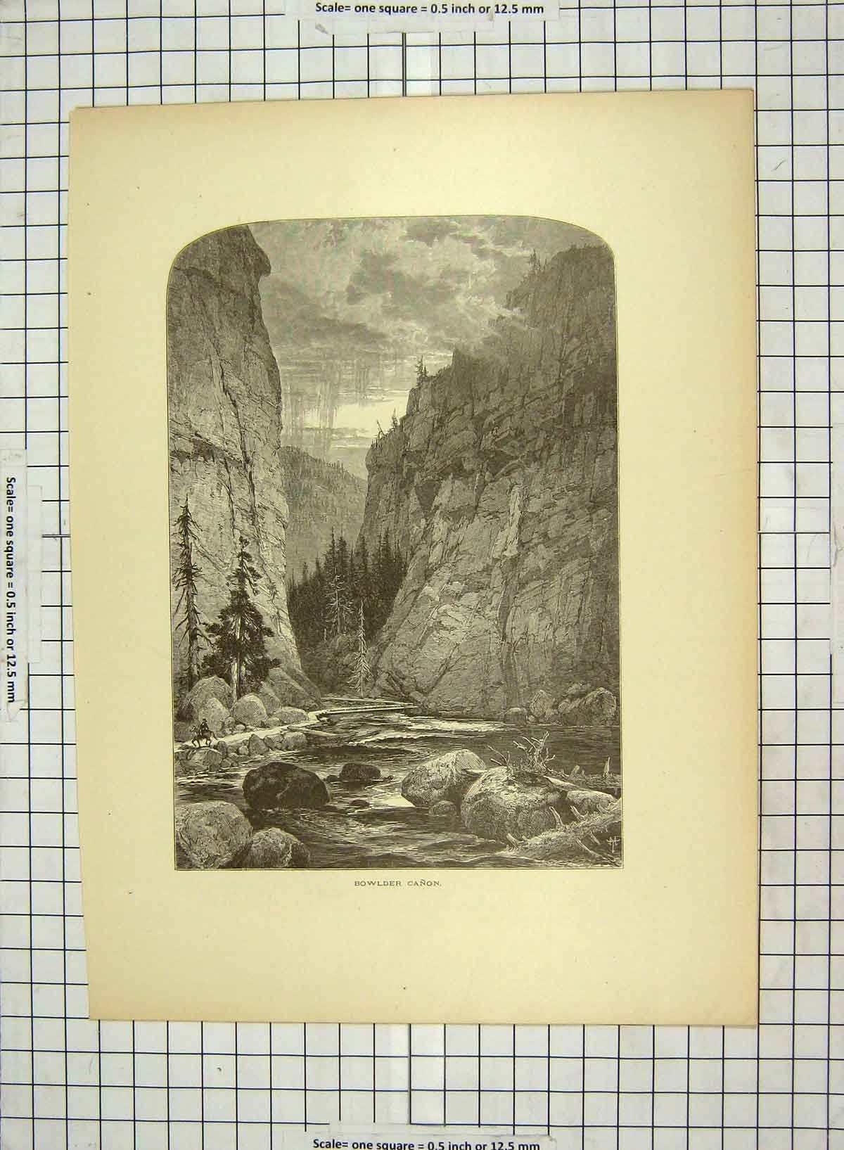 Original Old Antique Print C1880 Bowlder Canon River Frozen Lake James'S Peak