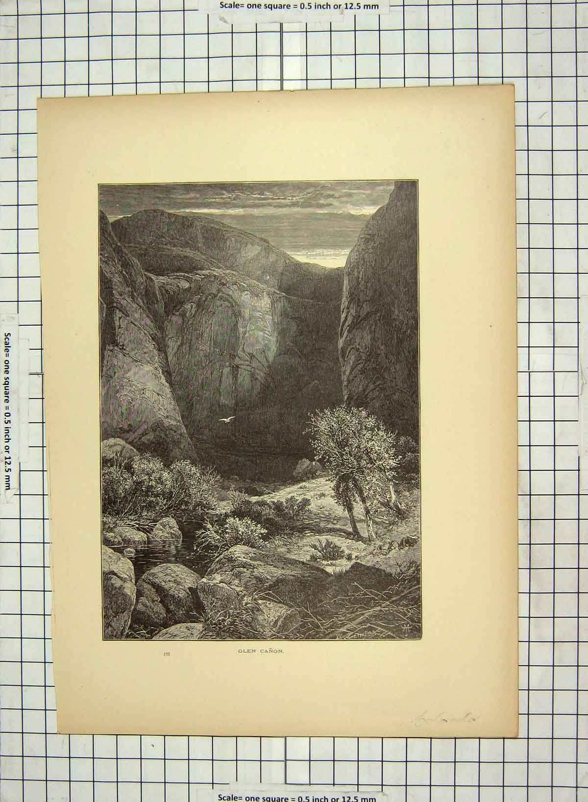Original Old Antique Print C1880 Glen Canon Colorado Buttresses Marble America