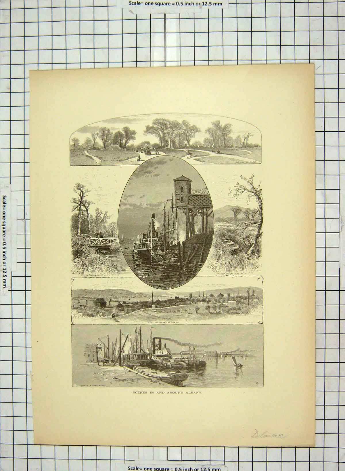 Original Old Antique Print C1880 Albany Delaware Lumber Boats America Kenwood