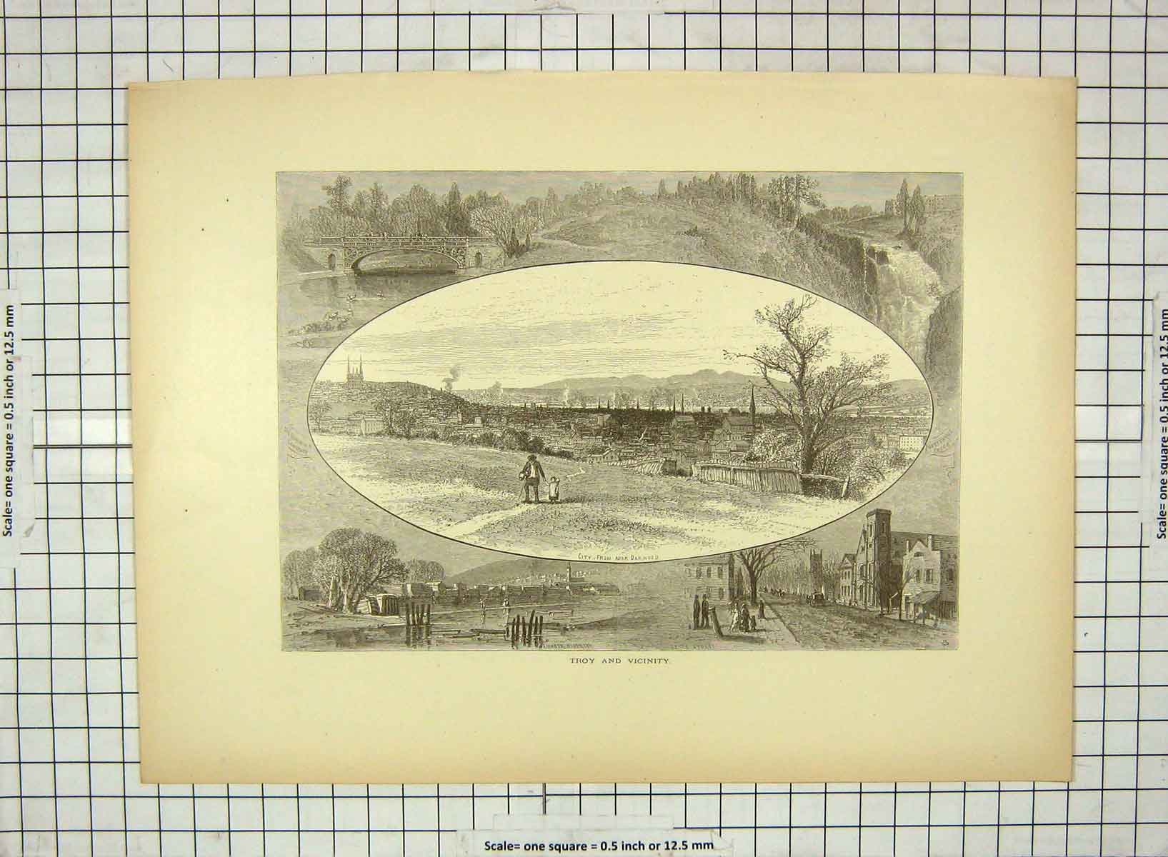 Original Old Antique Print C1880 Troy Oakwood Lumer Albany America River Boats