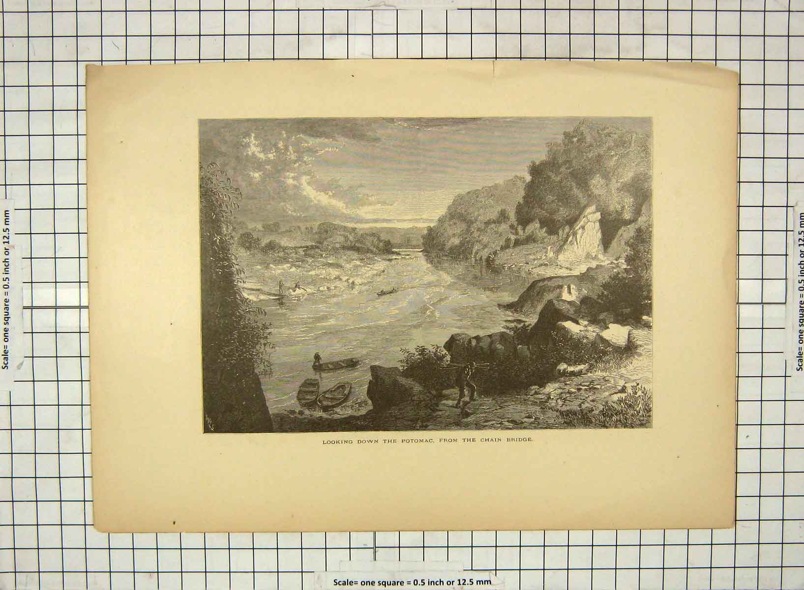 Original Old Antique Print C1880 Potomac Chain Bridge River Arlington America