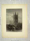 Original Old Antique Print C1880 Victoria Tower Lambeth Thames Hampton London
