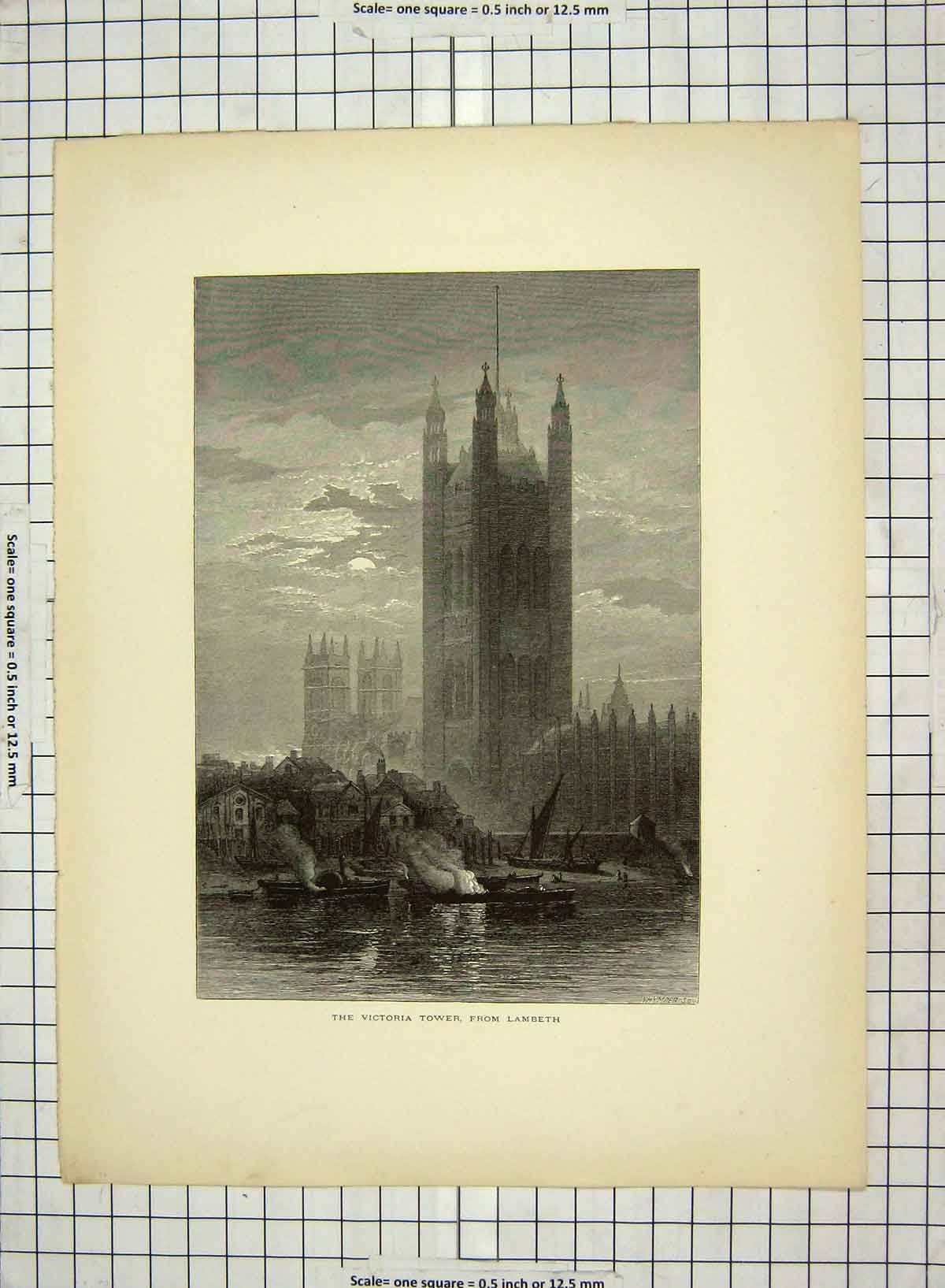 Original Old Antique Print C1880 Victoria Tower Lambeth Thames Hampton London