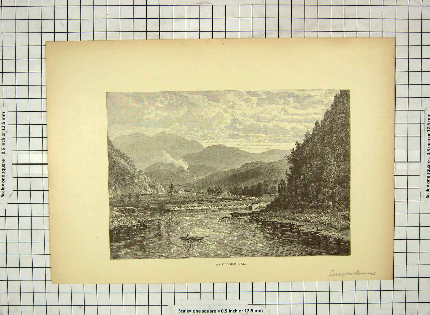 Original Old Antique Print C1880 Nanticoke Dam Mountains River America 19th