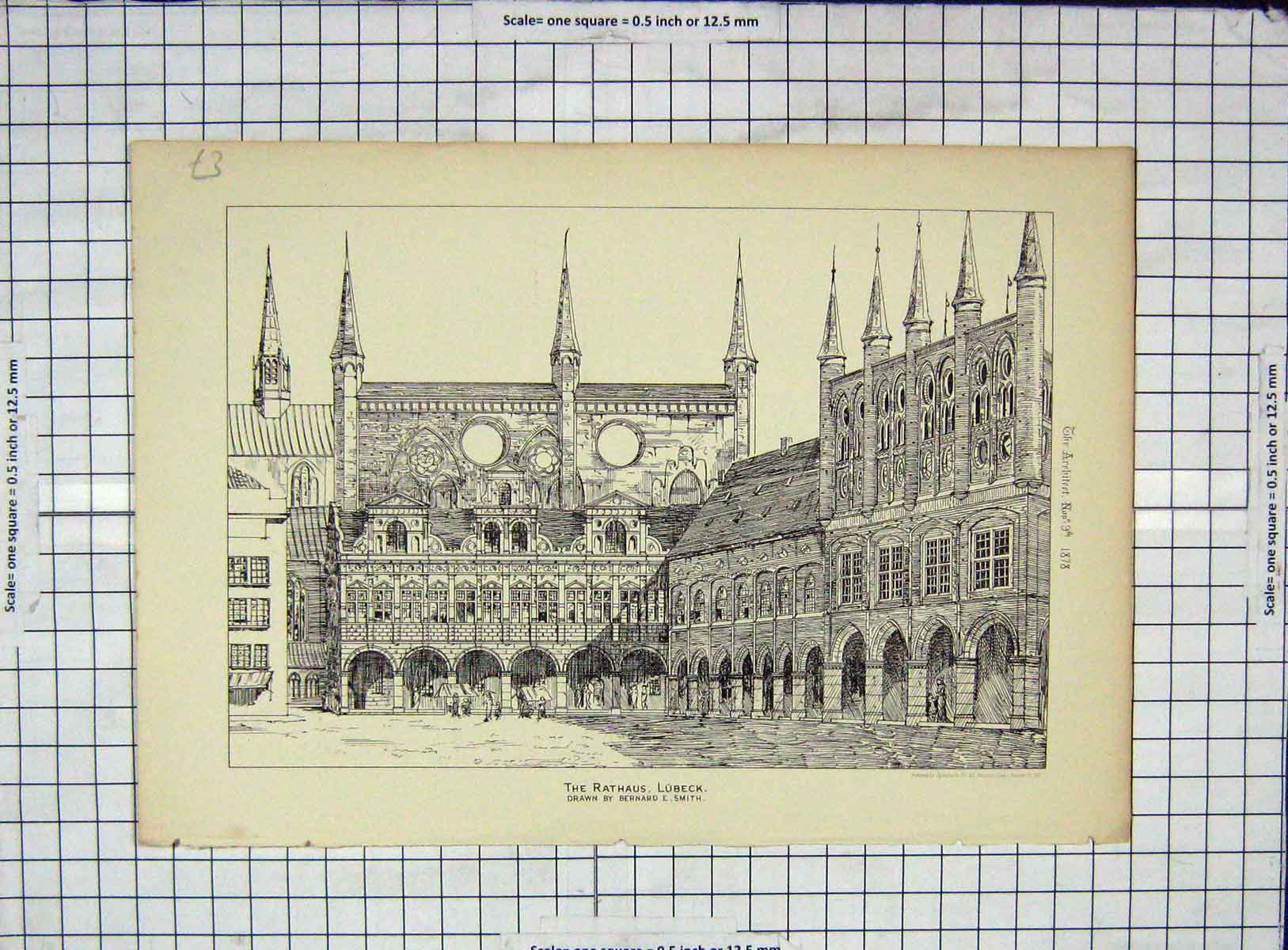 Original Old Antique Print Architecture 1878 Rathaus Lubeck Cathedral Smith