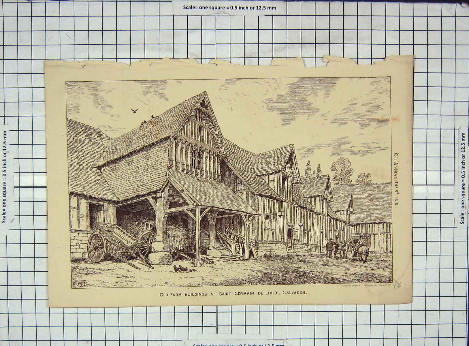 Old Antique Print Architecture 1878 Farm Buildings Saint-Germain Calvados 19th