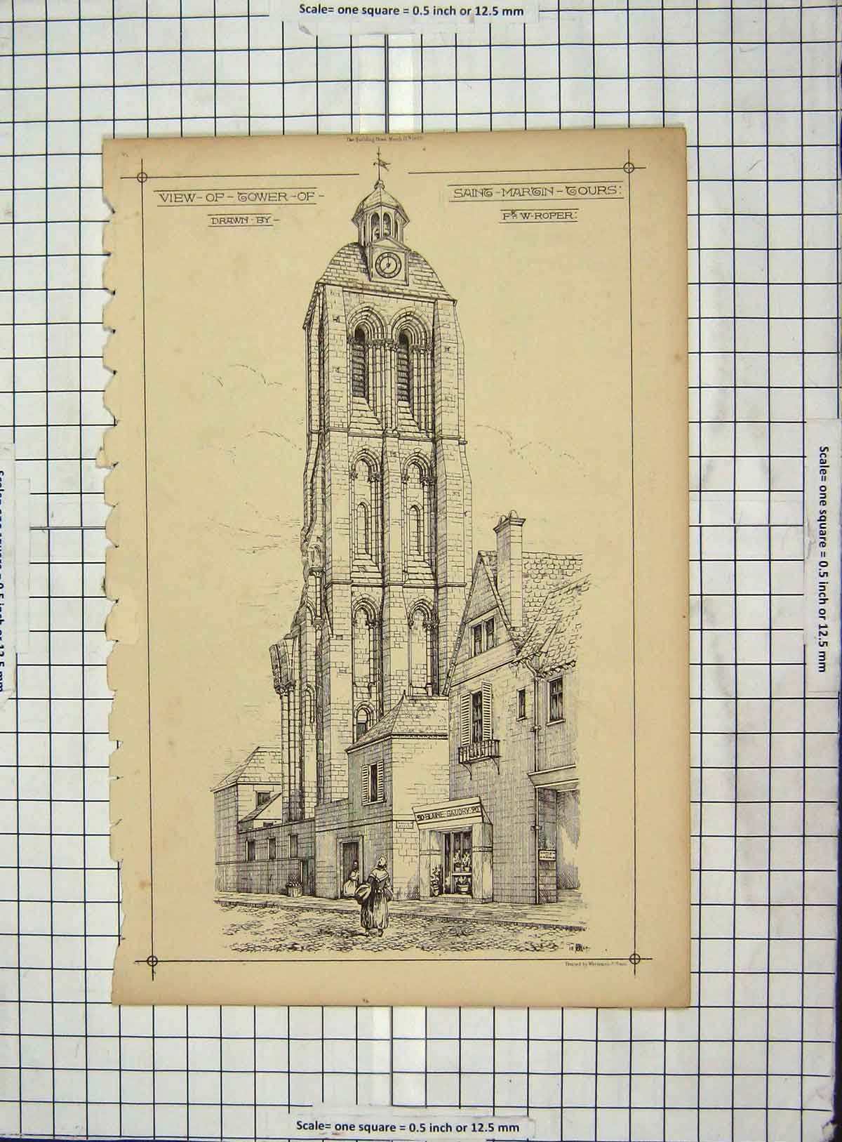 Original Old Antique Print Architecture 1869 Tower Saint Margin Tours Roper