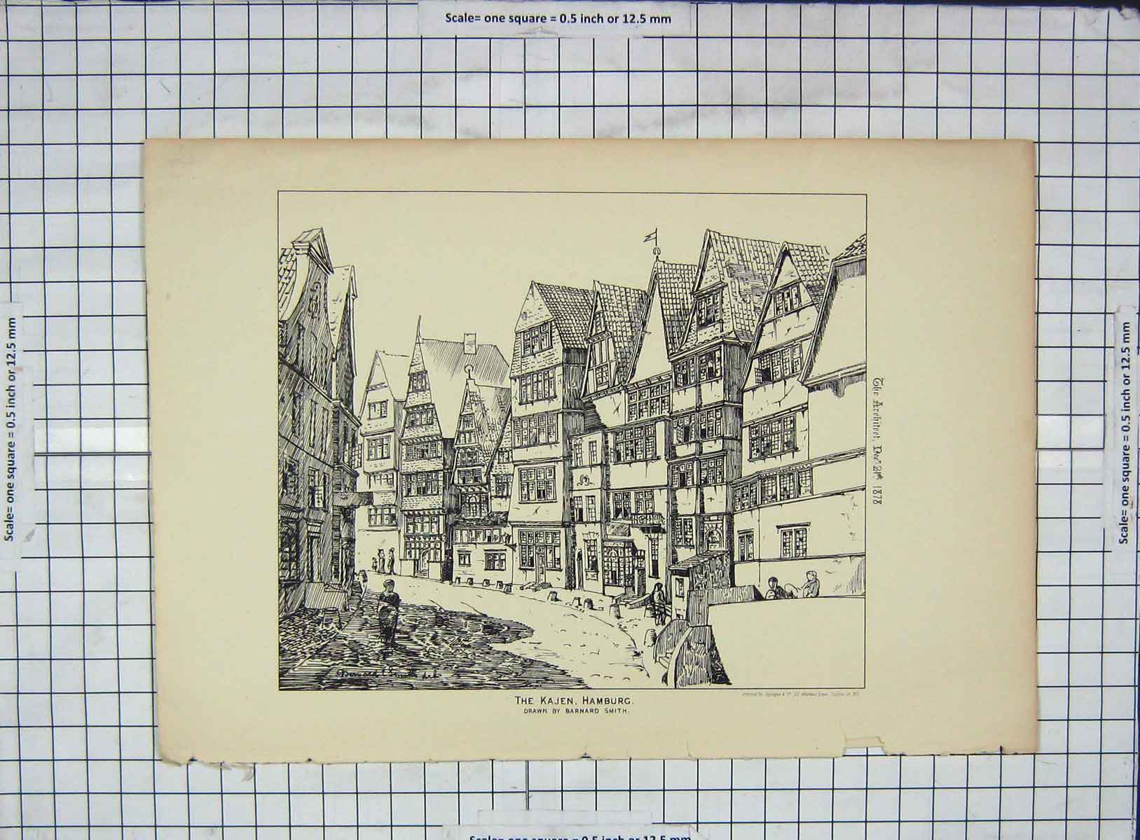 Original Old Antique Print 1878 Architecture Kajen Hamburg Barnard Smith 19th