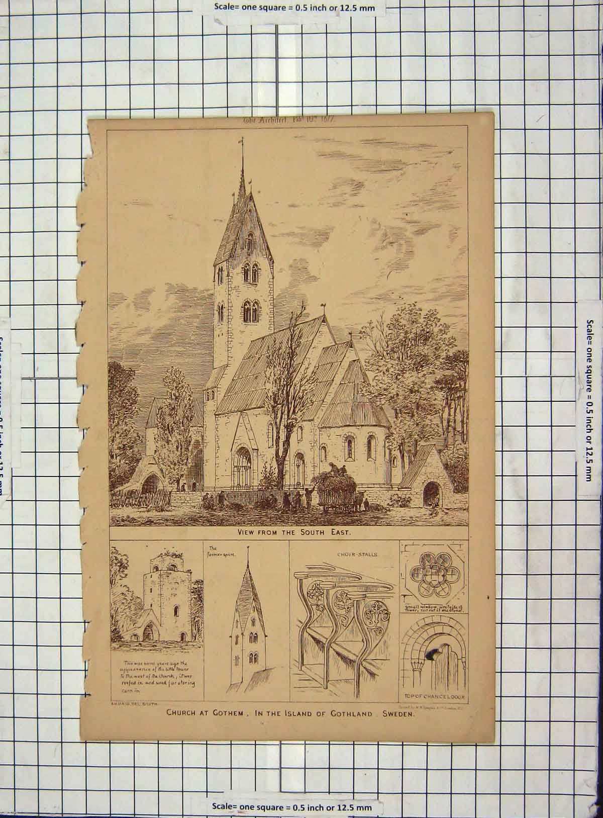 Antique Old Print Ref.39 Architecture 1877 Church Gothem Gothland Sweden Haig