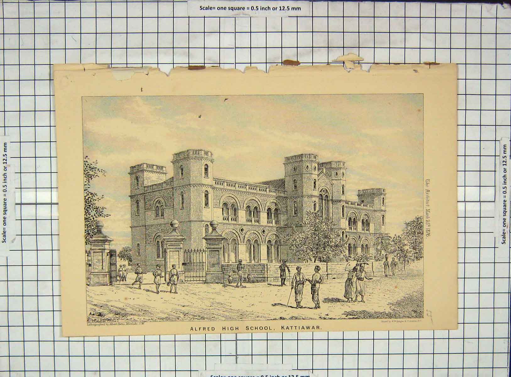 Original Old Antique Print Architecture 1876 Alfred High School Kattiawar Betts