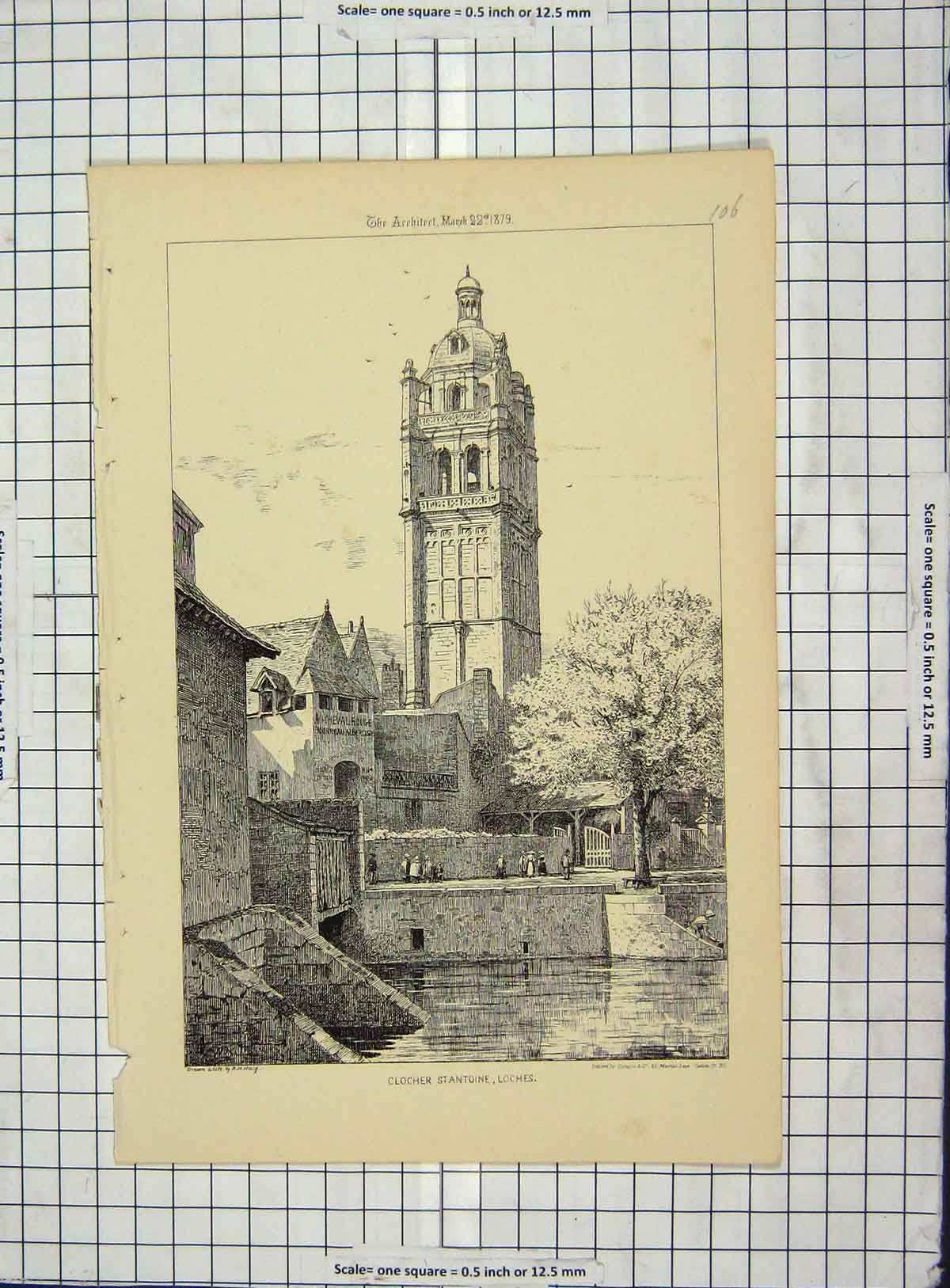 Original Old Antique Print Architecture 1879 Colcher St. Antoine Loches Haig