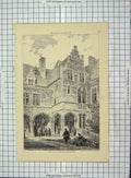 Original Old Antique Print Architecture 1879 Court-Yard Ancient Palace Malines